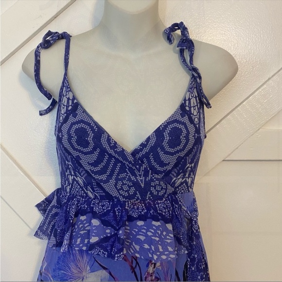 Fuzzi Floral Patchwork Printed Asymmetric Ruffle V-Neck Sleeveless Wrap Dress M - Picture 3 of 9